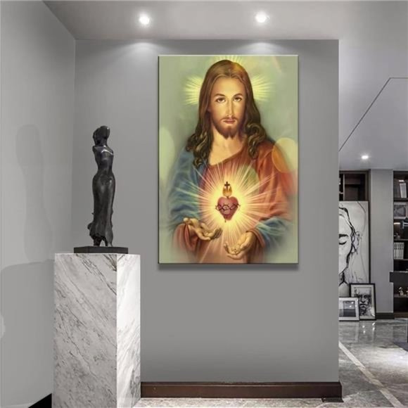 Framed Sacred Heart of Jesus wall Canvas art Decor Divine Mercy, 24x36 inch - Picture 2 of 7